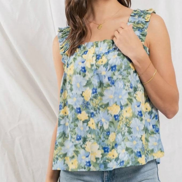 Buckle Blu Pepper Blue & Green Floral Ruched Strap Tank Size Small - Picture 1 of 8
